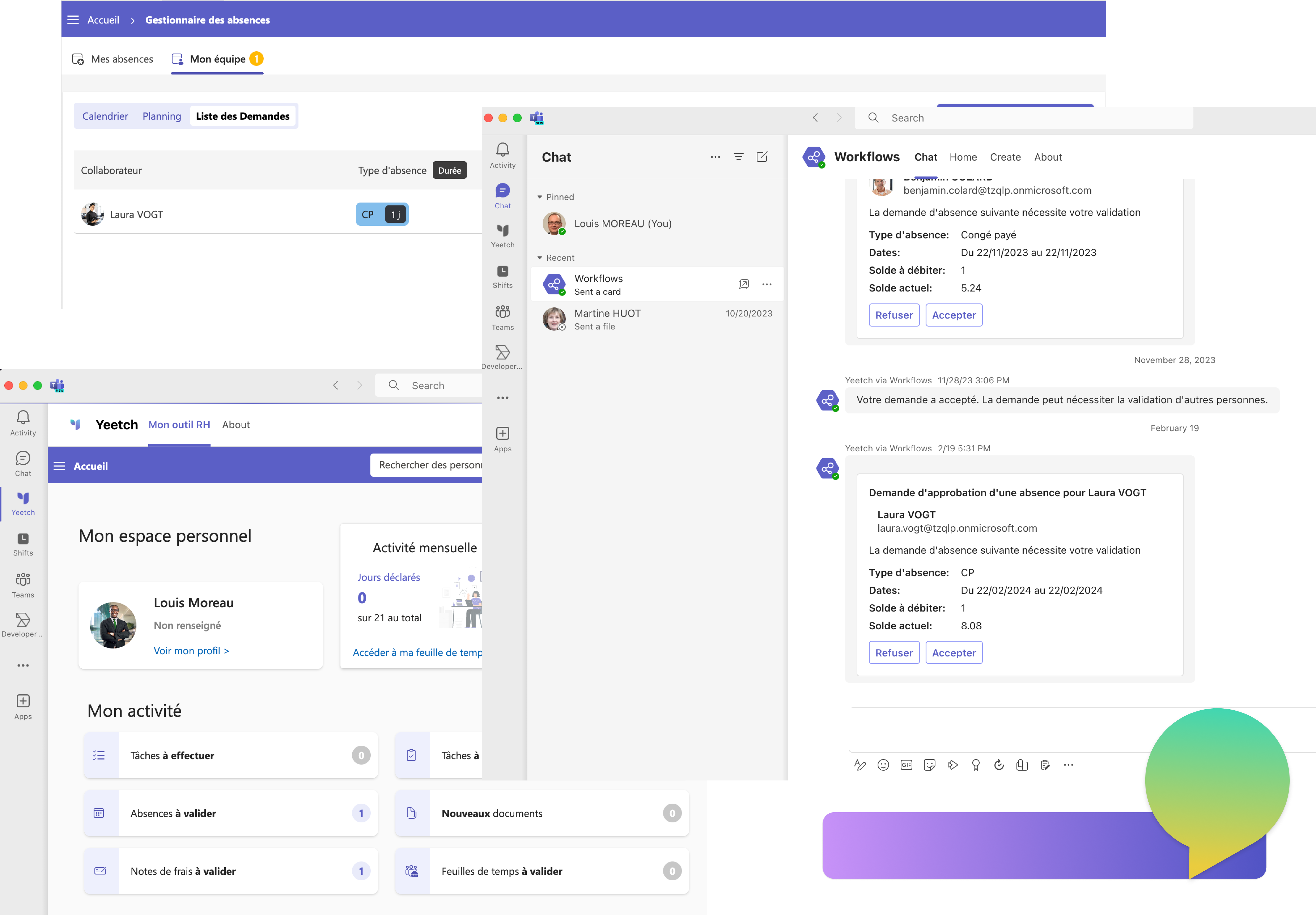 L'application est intégrée dans Teams et utilise le chat Teams pour automatiser des actions